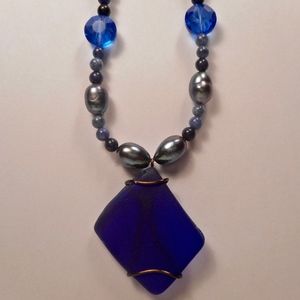 cobalt beach glass and blue pearl boho necklace